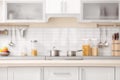 Countertop and blurred view of kitchen interior