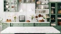 Countertop with green vintage kitchen furniture in blurred background