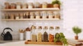 Countertop Spice Rack KItchen Indoor Interior. Kitchenware Utensils on Wooden Strip Indoors. Cooking Stove Surface New Home Design