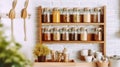 Countertop Spice Rack KItchen Indoor Interior. Kitchenware Utensils on Wooden Strip Indoors Food Store Bunch of Dried Herbs.