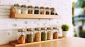 Countertop Spice Rack KItchen Indoor Interior. Kitchenware Utensils on Wooden Strip Indoors Food Store Bunch of Dried Herbs.