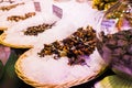 Countertop with various fresh seafood in Boqueria market. Barcelona Royalty Free Stock Photo