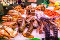 Countertop with various fresh seafood in Boqueria market. Barcelona Royalty Free Stock Photo