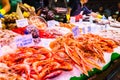 Countertop with various fresh seafood in Boqueria market. Barcelona Royalty Free Stock Photo