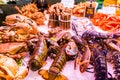 Countertop with various fresh seafood in Boqueria market. Barcelona Royalty Free Stock Photo