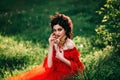 Countess in a long red dress Royalty Free Stock Photo