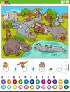 Counting and adding game with cartoon wild animals Royalty Free Stock Photo