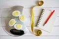 Counting the amount of proteins, carbohydrates, fats and calories in food. Chicken egg on the kitchen scales Royalty Free Stock Photo