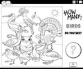 Counting cartoon birds educational game coloring book page Royalty Free Stock Photo