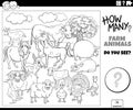 Counting cartoon farm animals educational task coloring page