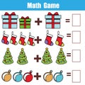 Counting educational children game, kids activity. How many objects task. Christmas, new year winter holidays theme Royalty Free Stock Photo