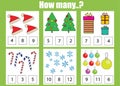 Counting educational children game, kids activity. How many objects task, christmas theme Royalty Free Stock Photo