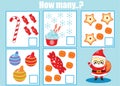 Counting educational children game, kids activity. How many objects task. New Year and christmas theme Royalty Free Stock Photo