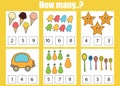 Counting educational children game, kids activity. How many objects task Royalty Free Stock Photo