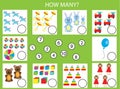 Counting educational children game, kids activity. How many objects task Royalty Free Stock Photo