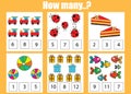 Counting educational children game, kids activity. How many objects task