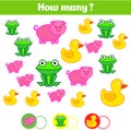Counting educational children game, kids activity sheet. How many objects task. Learning mathematics, numbers