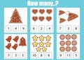 Counting educational children game, kids activity. How many objects task. New Year and christmas theme Royalty Free Stock Photo