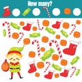 Counting educational children game, kids activity. How many objects task. New Year and christmas theme Royalty Free Stock Photo