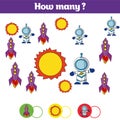 Counting educational children game, kids activity sheet. How many objects task. Learning mathematics, numbers, addition theme cosm