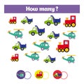 Counting educational children game, kids activity sheet. How many objects task. Learning mathematics, numbers, addition theme