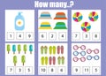 Counting educational children game, kids activity worksheet. How many objects. Learning mathematics