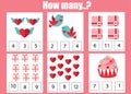 Counting educational children game, kids activity worksheet. How many objects. Learning mathematics. St Valentine s day theme