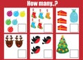 Counting educational children game, kids activity worksheet. How many objects task, christmas, winter holidays theme Royalty Free Stock Photo