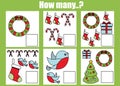 Counting educational children game, kids activity worksheet. How many objects task. christmas, winter holidays theme Royalty Free Stock Photo