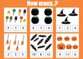 Counting educational children game, kids activity worksheet. How many objects task, halloween theme