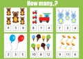 Counting educational children game, kids activity worksheet. How many objects task