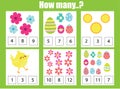 Counting educational children game, math kids activity. How many objects task. Easter theme. Addition worksheet Royalty Free Stock Photo