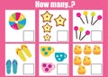 Counting educational children game, math kids activity. How many objects task