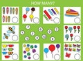 Counting educational children game, math kids activity. How many objects task