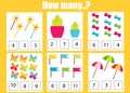 Counting educational children game, math kids activity. How many objects task Royalty Free Stock Photo