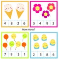 Counting educational children game. Mathematics activity for kids and toddlers. How many objects. Study math, numbers, addition Royalty Free Stock Photo