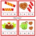 Counting educational children game. Study math, numbers, addition. Christmas theme kids mathematics activity Royalty Free Stock Photo