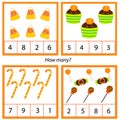 Counting educational children game. Study math, numbers, addition. Halloween theme kids mathematics activity Royalty Free Stock Photo