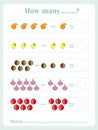 Counting educational games kids, kids activity sheet. How many task objects. Learning math, numbers Royalty Free Stock Photo