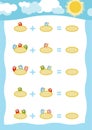 Counting Game for Children. Addition worksheets, birds in the nest Royalty Free Stock Photo