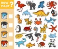 Counting Game for Children. Educational a mathematical game. Count how many animals by colors and write the result