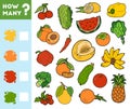 Counting Game for Children. Educational a mathematical game. Count how many fruits and vegetables by colors and write the result