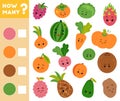 Counting Game for Children. Educational a mathematical game. Count how many fruits and vegetables and write the result Royalty Free Stock Photo