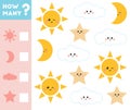 Counting Game for Children. Educational a mathematical game. Count how many stars, clouds, suns, moons and write the result