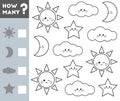 Counting Game for Children. Educational a mathematical game. Count how many stars, clouds, suns, moons and write the result