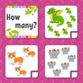 Counting game for children. Happy characters. Learning mathematics. How many object in the picture. Education worksheet. With