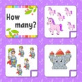 Counting game for children. Happy characters. Learning mathematics. How many object in the picture. Education worksheet. With