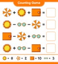 Counting game, count the number of Sun, Beach Umbrella, Wallet, Sunglasses and write the result. Educational children game,