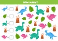 Counting game with cute cartoon dinosaurs. Math worksheet.