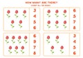 Counting game with cute cartoon valentine roses. Math worksheet.